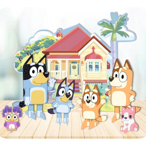 Personagens animados em papel com casa de brinquedo colorida ao fundo