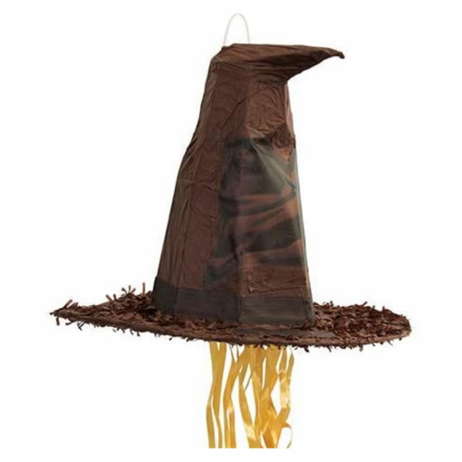 Chapéu de feiticeiro castanho com fitas amarelas penduradas