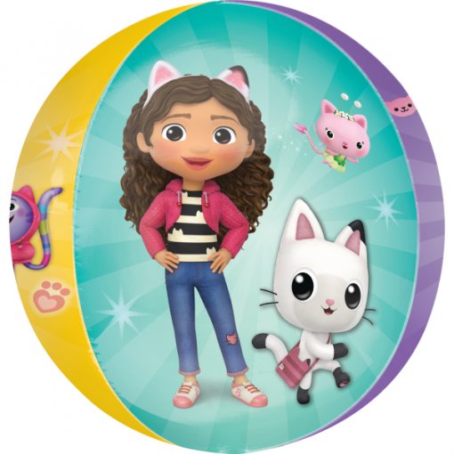 Bola colorida com personagens animados de menina e gatos