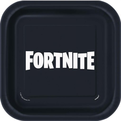 Prato quadrado preto com texto branco FORTNITE no centro
