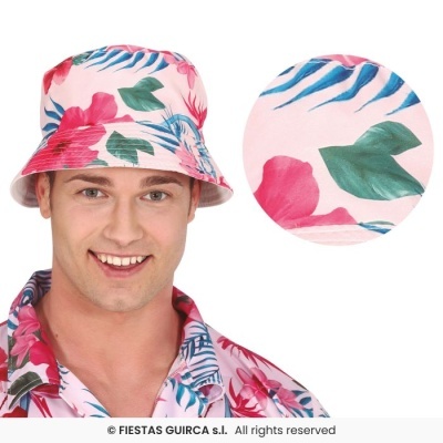 Chapéu pescador floral rosa, verde e azul, usado por homem com camisa combinando