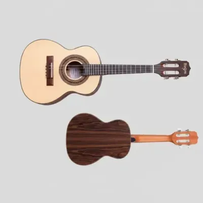 Duas guitarras clássicas com tampo bege e fundo em madeira escura, uma vista de frente e outra de costas.
