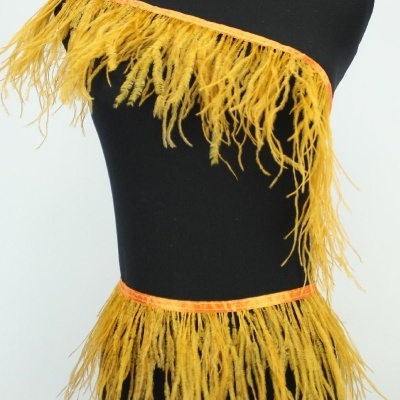 Acessórios com franjas amarelas e fita laranja sobre manequim preto