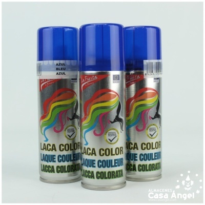 Três latas de laca colorida com tampa azul e etiquetas coloridas