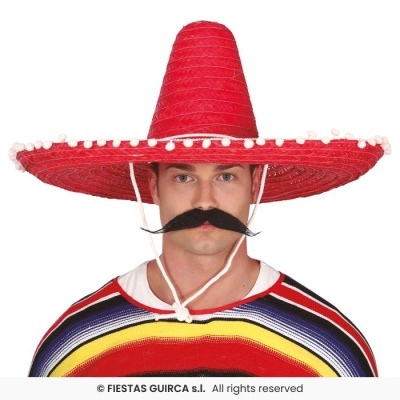 Homem com chapéu mexicano vermelho e camisola colorida listrada