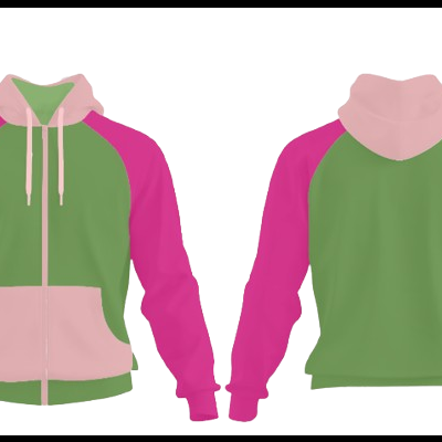 Casaco com capuz verde, rosa forte e rosa claro