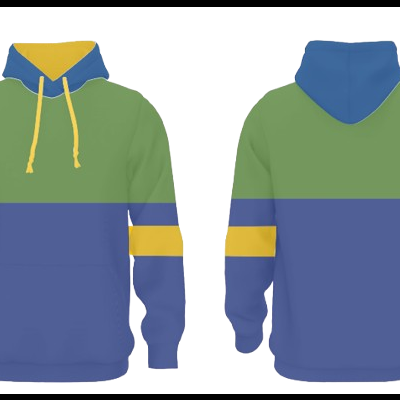 Camisola com capuz bicolor verde e azul com detalhes amarelos