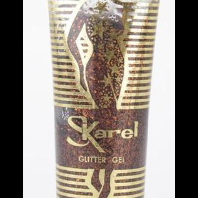 Gel glitter em tubo transparente com glitter castanho e dourado e texto dourado Karel GLITTER GEL