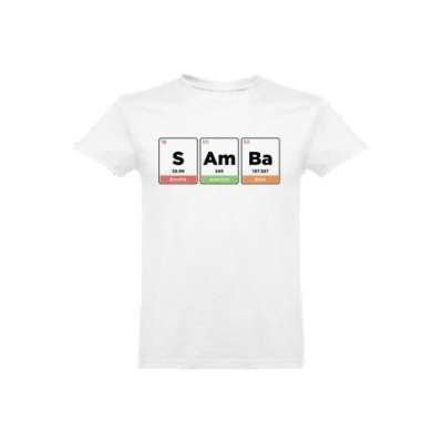 T-shirt branca com estampado inspirado na tabela periódica com as letras S, Am, Ba.