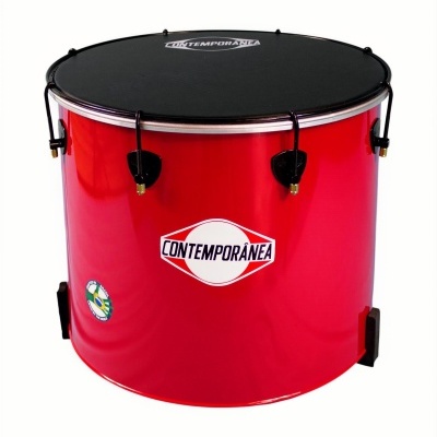 Tambor vermelho com pele preta e texto CONTEMPORÂNEA