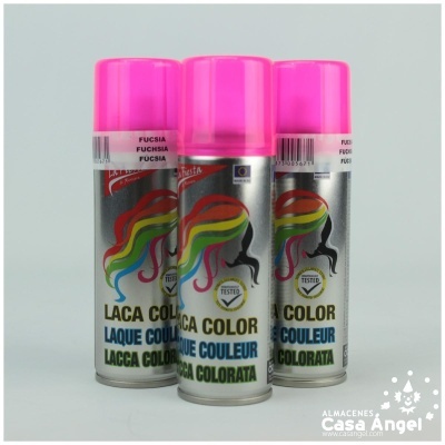 Três latas de laca colorida com tampa rosa fúcsia e rótulo cinza com desenho colorido de cabelo.