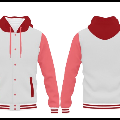 Casaco varsity com capuz vermelho, corpo branco, mangas rosas e detalhes vermelhos