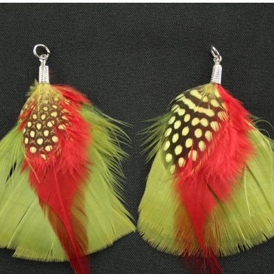 Brincos com penas coloridas em fundo preto