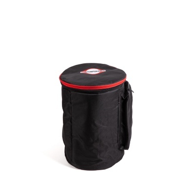 Mala preta cylindrical com fecho vermelho e texto CONTEMPORÂNEA no topo