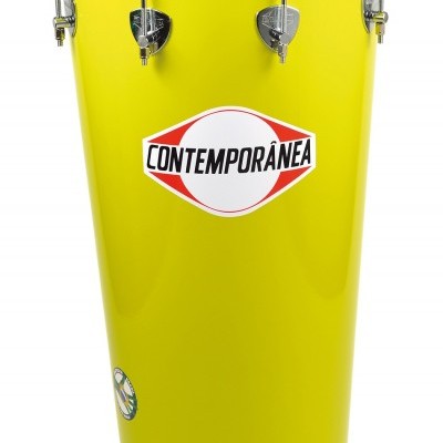 Tambor de percussão amarelo com logótipo Contemporânea