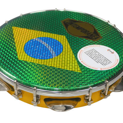 Pandeiro com pele verde holográfica e bandeira do Brasil
