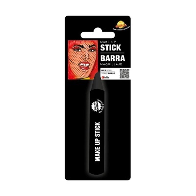 Stick de maquilhagem preto em embalagem preta com imagem de mulher com cabelo vermelho