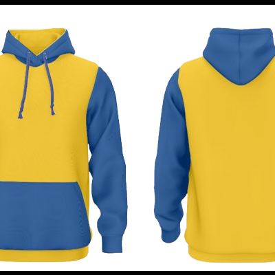 Sweatshirt com capuz azul e amarelo, vista frontal e traseira