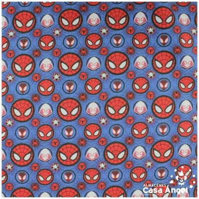 Tecido azul com padrão de rostos do Homem-Aranha em círculos coloridos