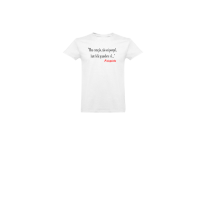 T-shirt branca com texto preto e vermelho