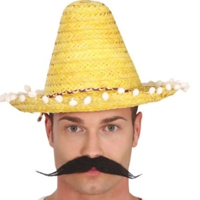 Homem de chapéu sombrero amarelo de palha com bigode preto falso