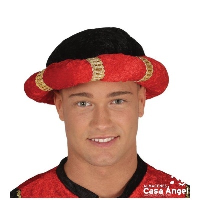 chapéu redondo vermelho e preto com bordas douradas