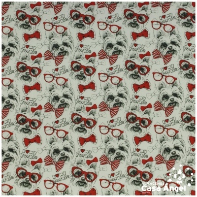 Padrão de tecido com ilustrações de cães, óculos vermelhos, laços vermelhos e texto I LOVE DOGS