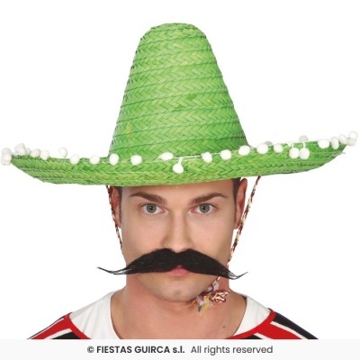 Homem com chapéu sombrero verde em palha e bigode falso preto