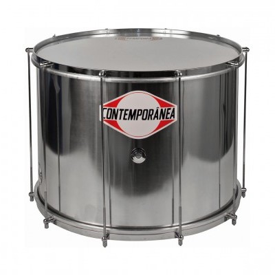 Tambor de metal prateado com superfície branca e etiqueta CONTEMPORÂNEA