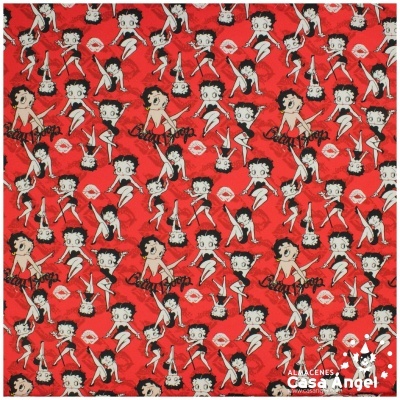 Tecido vermelho com padrão repetido de personagens Betty Boop e marcas labiais