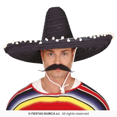 Homem com sombrero preto e camisola colorida com bigode falso