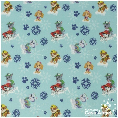Tecido azul com personagens de desenho animado e motivos de inverno