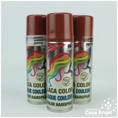 Três latas de spray de cabelo La Fiesta castanhas com rótulo colorido