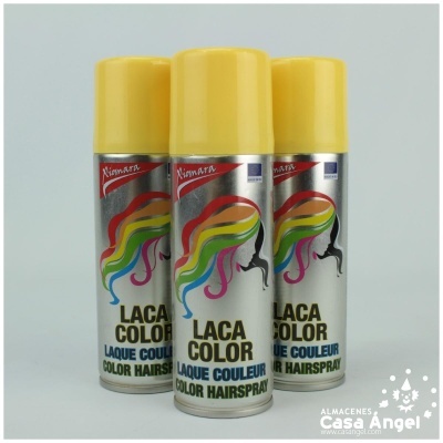 Três latas de laca colorida para cabelo com tampas amarelas e rótulos prateados coloridos
