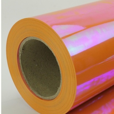 Rolo de folha adesiva holográfica laranja com reflexos