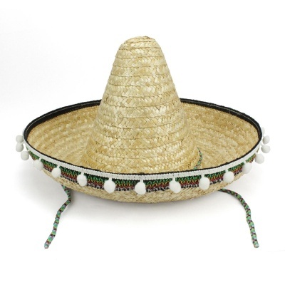 Chapéu mexicano sombrero de palha com decoração colorida e pompons