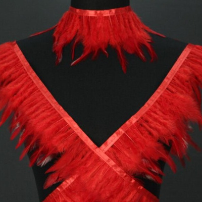 Conjunto vermelho de penas em manequim preto