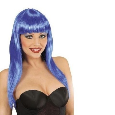 Peruca sintética azul lisa com franja e comprimento até o peito