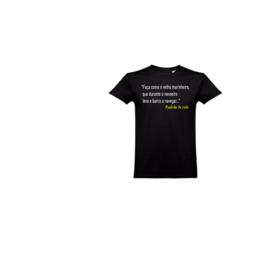 T-shirt preta com texto em branco e amarelo