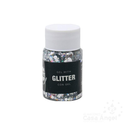 Frasco de gel com glitter prateado e holográfico