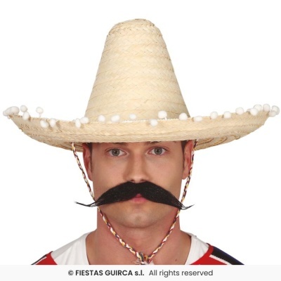 Chapéu sombrero de palha bege com pompons e bigode falso preto