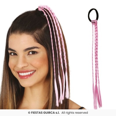 Extensão de cabelo rosa com tranças finas presa a elástico preto