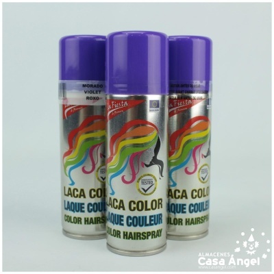 Sprays de cabelo colorido em aerosol roxo com rótulo prateado e colorido
