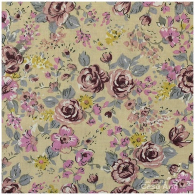 Tecido com padrão floral em tons rosa, roxo, castanho e amarelo sobre fundo bege