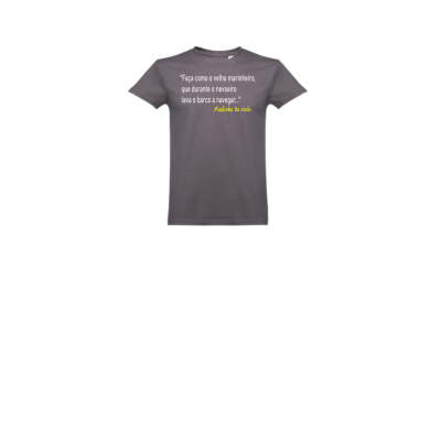 T-shirt cinza escuro com texto em branco e amarelo na frente