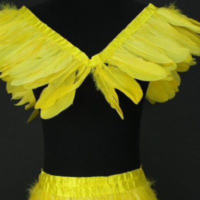 Conjunto de fantasia com penas amarelas em manequim preto