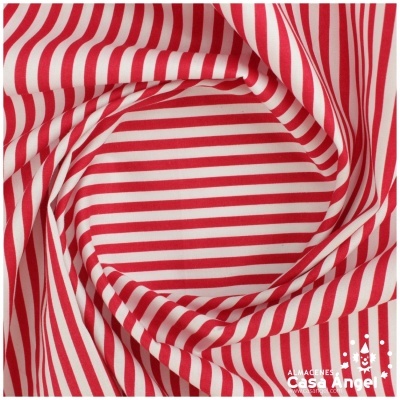 Tecido riscado vermelho e branco em redemoinho com logótipo Casa Angel