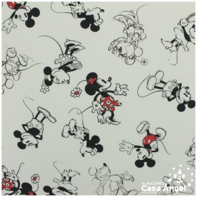 Tecido branco com padrão de personagens Mickey, Minnie, Pateta e Pluto em preto e vermelho