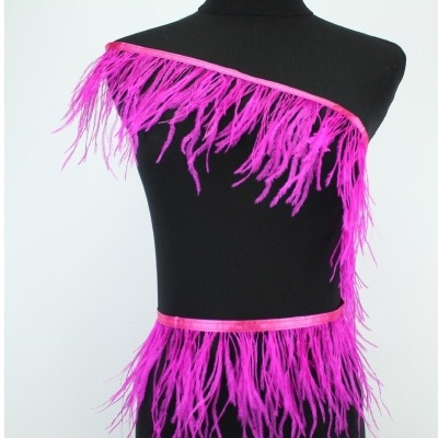 Fita rosa com plumas penduradas num manequim preto