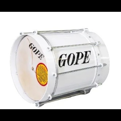 Repique de mão branco com a palavra GOPE em preto, de corpo cilíndrico com argolas metálicas prateadas
